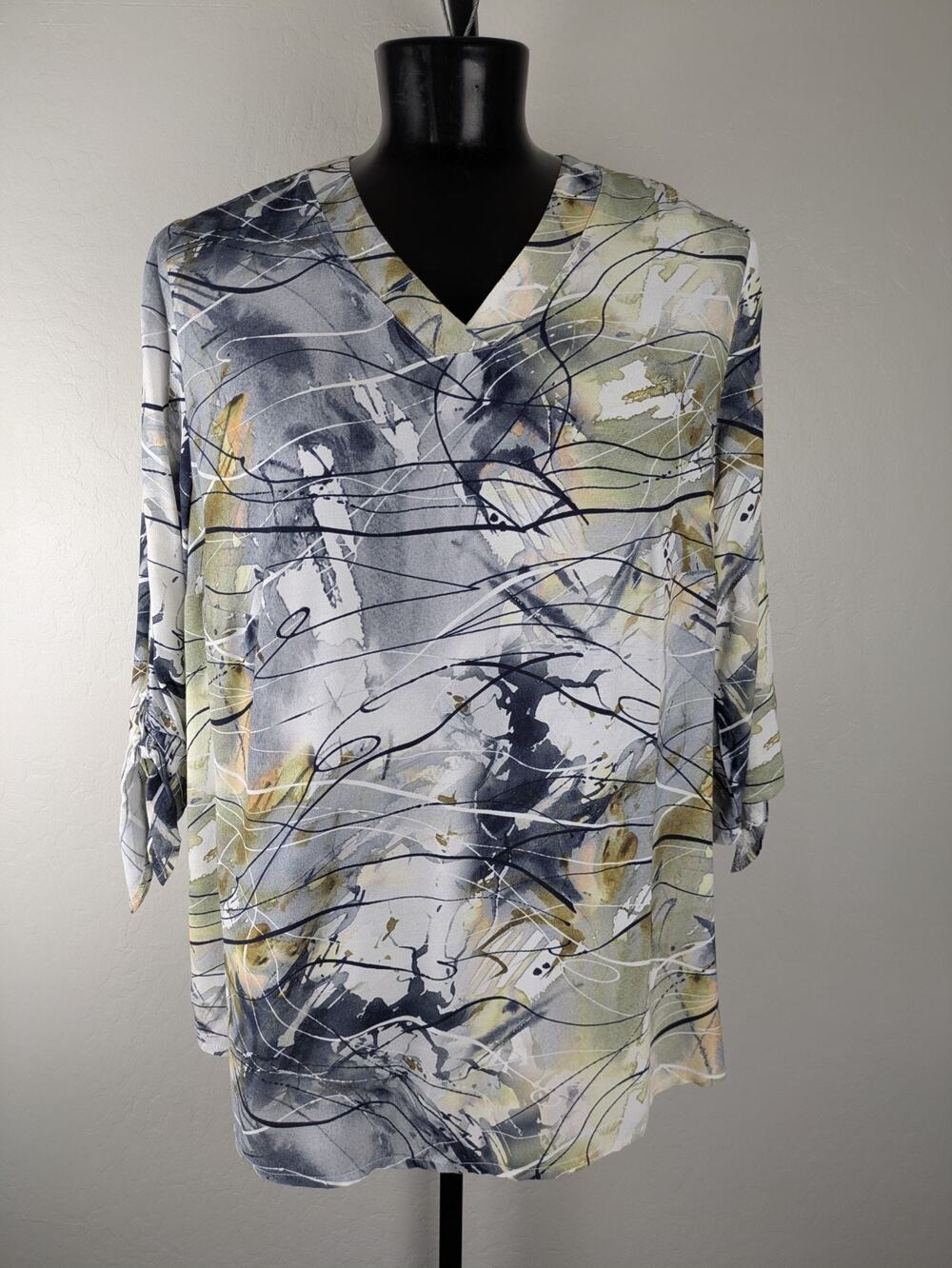 Ulla Popken V-neck Tunic Blouse Tie Sleeves Blue Green Abstract Print